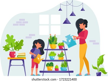 Woman watering plants with daughter in modern interior. Stay home concept. Vector illustration in flat style.