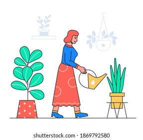 Woman watering plants - flat design style illustration with line elements. A colorful composition with a smiling girl taking care of different flowers at home. Household chores, daily routine idea