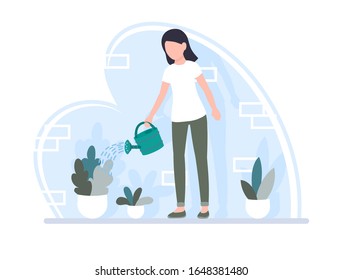 Woman watering plants, flowers. Gardening. Doing home winter garden care job. Hobby growing sprouts. Holding a water can in her hands. Isolated eco concept vector illustration in cartoon flat style.