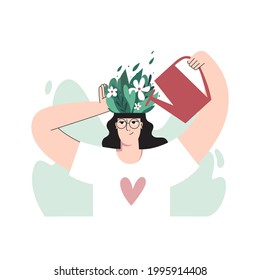 A woman watering plants and flowers in her head as a metaphor for a positive mindset. Hand drawn vector illustration for a social media, banner, add.