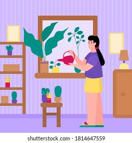 Woman watering plants and flowers in pots in house. Girl doing her favourite hobby recreating and resting looking after home plants, flat cartoon vector illustration