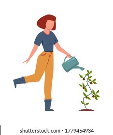 Plantas de agua para mujeres en el jardín. Carácter femenino con riego puede al aire libre, concepto de jardinería en el patio trasero, cultivo de vegetales ecológicos, cartografía vector plano ilustración aislada