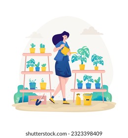 A woman watering plants, Gardening decorative plants flat illustration design