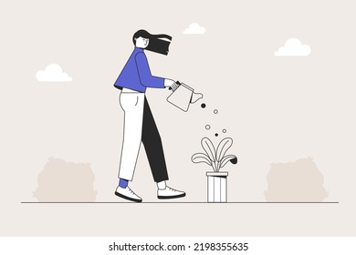 Woman watering plants in her garden. new idea for business development and growth. Flat style vector illustration.