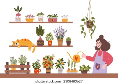 Woman watering plants at her kitchen garden, cartoon style. Herbs, vegetables and Microgreens, Indoor gardening hobby. Cozy activity. Trendy modern isolated vector illustration, hand drawn, flat.