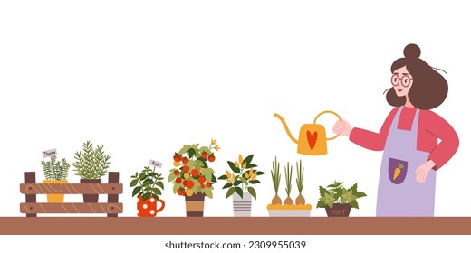 Woman watering plants at her kitchen garden, cartoon style. Herbs and vegetables, Indoor gardening hobby. Cozy activity. Trendy modern isolated vector illustration, hand drawn, flat.