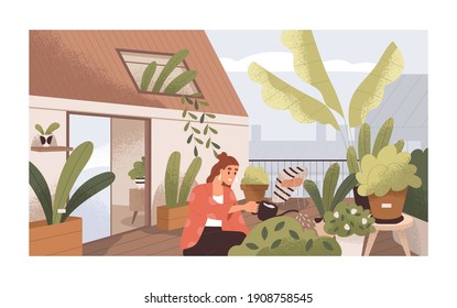 Plantas de agua para mujeres en el jardín con balcón de la casa con vegetación. Moderno y moderno interior de estilo ecológico con terraza con plantas en ollas o planetas. Ilustración vectorial de textura plana de color.