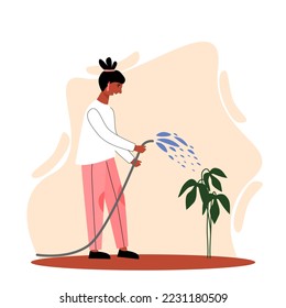 Woman watering plants ilustration character vector. Girl gardening flower ilustration.