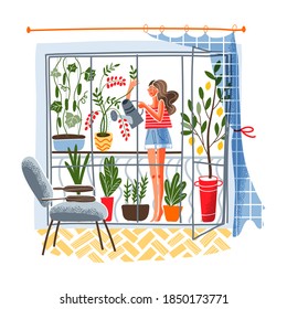 Woman watering plants on balcony at home. Girl with flowers, vegetables, tomatoes at house garden. Homemade summer produce vector illustration. Relaxing and calming leisure activity.