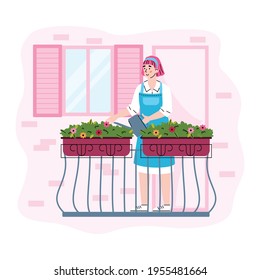 Woman watering plants on the balcony, isolated vector cartoon illustration.
