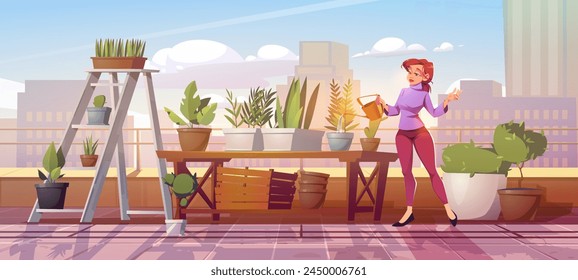 Woman watering plants in rooftop garden. Vector cartoon illustration of female character taking care of flowers, terrace on top of modern skyscraper, sunny cityscape background, gardening hobby