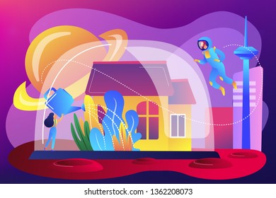 Woman watering plants in space settlement under dome, tiny people. Space colonization, space settlement, extraterrestrial colonization concept. Bright vibrant violet vector isolated illustration