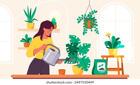 Woman watering plants. Young girl near flowerpot with tropical and exotic leaves. Gardening and horticulture, botany. Love for plants. Comfort and coziness. Cartoon flat vector illustration