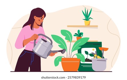 Woman watering plants. Young girl with watering can near flower pot with plants. Horticulture and Botany, gardening. Tropical and exotic leaves. Flat vector illustration