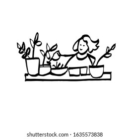 A woman is watering potted flowers. Cartoon character drawn by hand. Icon. Doodle illustration. Vector