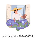Woman watering potted flowers on windowsill outside open window. Person care about houseplant in flowerpot. Female and home garden with floral plants. Flat vector illustration isolated on white