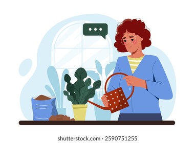 Woman watering a potted plant with a watering can, flat graphic style, white background, concept of indoor gardening. Vector illustration