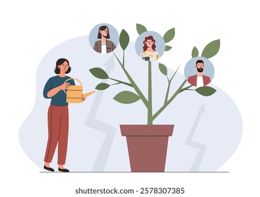 Woman watering a potted plant with faces on branches, symbolizing growth, teamwork, and development on a white background. Vector illustration