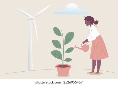 Mulher regando uma planta em vaso com uma turbina de vento no fundo.