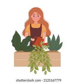 Woman watering potted plantes vector flat Illustration. Cartoon characters. Gardering concept.