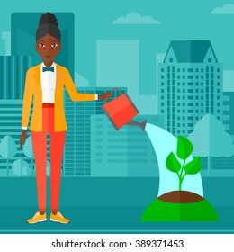 Woman watering tree.