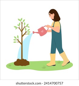 Woman is watering tree with watering can. Arbor Day Natural Environmental Protection.
