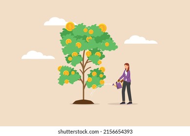 Woman watering tree and coins dollar symbols  Business development  profit growth  Colored flat graphic vector illustration isolated 