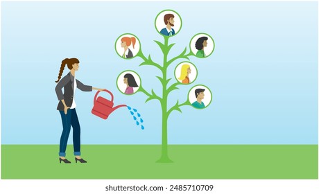 Woman watering tree with employees or friends. Dimension 16:9. Vector illustration.