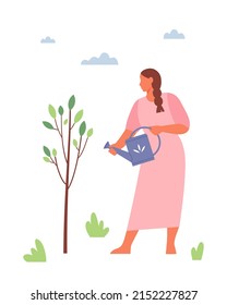 Woman watering tree in the garden. Gardener working. Plant sprout growing and cultivation. Spring gardening concept. Flat vector illustration.