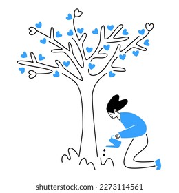 Woman watering tree with hearts. Concept of caring for nature, loving the environment vector illustration