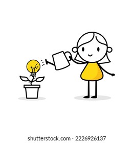 Woman is watering a tree with lightbulb with a watering can. Boy gardener grows plant. Idea for eco future, environment, electricity concept. Vector stock illustration