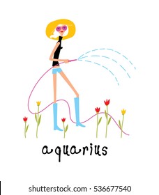 Woman Watering The Tulips In The Garden. Aquarius Horoscope Sign. Vector Illustration.