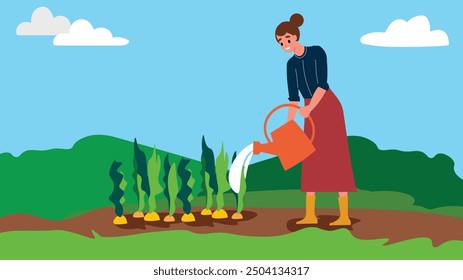 Woman watering young plants in a garden, nurturing growth on a sunny day.

