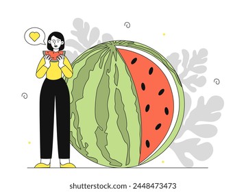 Woman with watermelon linear. Young girl standing near natural and organic product with vitamins. Ripe and juicy product. Summer food and eating, delicacy. Doodle flat vector illustration