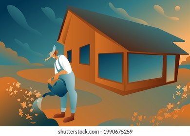 A woman waters bushes on the background of a country house. A gardener with a watering can in a hat and overalls. The concept of plant care. Illustration of a female gardener, caring for flowers.
