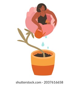 A woman waters a flower that symbolizes her own growth. Self care, great design for any purposes. Health care concept.