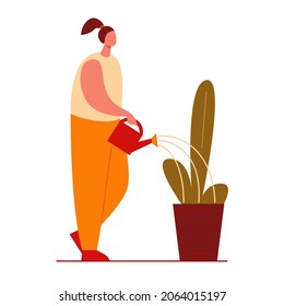 A woman waters a plant in a flower pot from a watering can. Vector illustration in flat style.