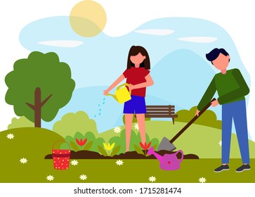 a woman waters and plants flowers on the land plot. The husband helps his wife plant flowers and drips earth for seedlings. The concept of a summer holiday and unity with nature