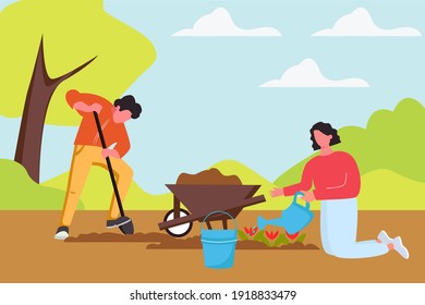 a woman waters and plants flowers on the land plot. The husband helps his wife plant flowers and drips earth for seedlings. The concept of a summer holiday and unity with nature