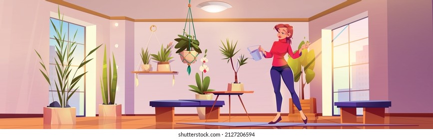 Woman waters plants at home. Girl takes care of houseplants in pots. Vector cartoon illustration of room or greenhouse interior with flowers, orchid, tree and person with watering can