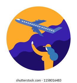 Woman Wave Goodbye With Airplane. Cargo And Shipping Concept. Flat Character Design Vector Illustration