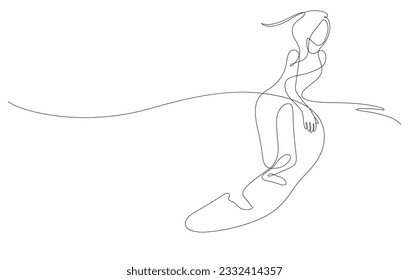 woman wave surfing balancing smooth line art. continuous line drawing of water extreme sport vector illustration