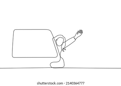 woman waves her hand from the window of a departing car and pulled her head out - one line drawing vector. the concept of farewell, departure, leaving home, migration, trip 