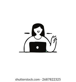 Woman waves working at computer, simple line art graphic