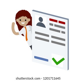Woman waving from behind a huge paper resume. File the document with the employment. Approval of the application. Happy girl in a suit
