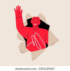 Woman waving coming out from torn paper. Colorful vector illustration
