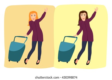 Woman waving goodbye. Girl with a suitcase on wheels on vacation and traveling.  Isolated vector illustration standing with baggage.The road from the airport.