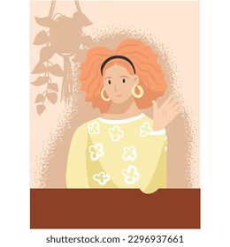 Woman waving hand hello gesture sit at desk