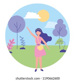woman waving hand in the outdoors landscape