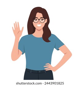 Mujer saludando con la mano decir hola o hola. Ilustración vectorial plana aislada sobre fondo blanco